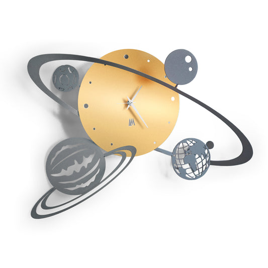 Orologio da parete Sistema Solare oro trasparente con pianeti in movimento - vista frontale