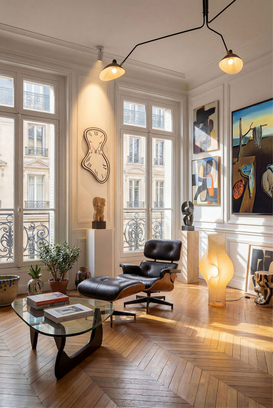 Ambientazione in un salotto moderno parigino di un collezionista d'arte dell'Orologio Dali di Arti&Mestieri.