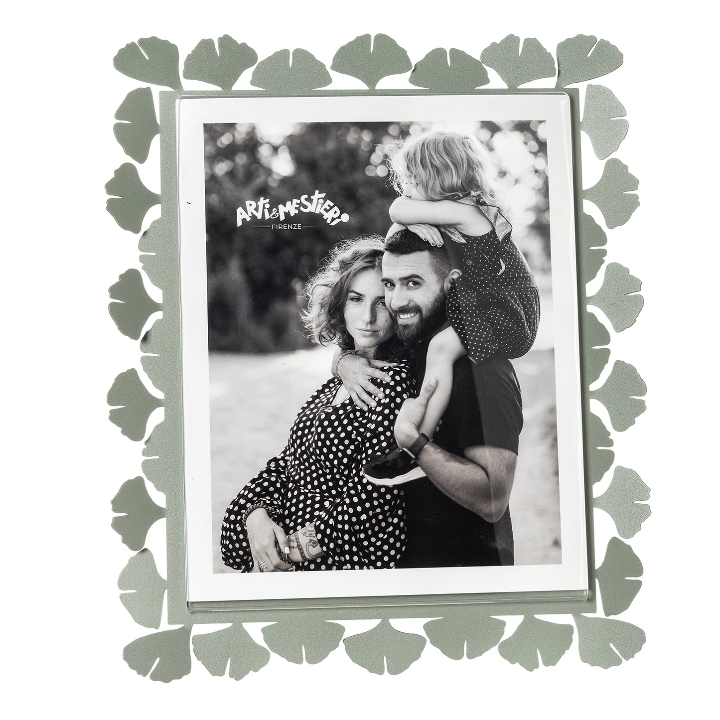 Vista frontale cornice portafoto floreale verticale Ginkgo Maxi di Arti&Mestieri, colore giada