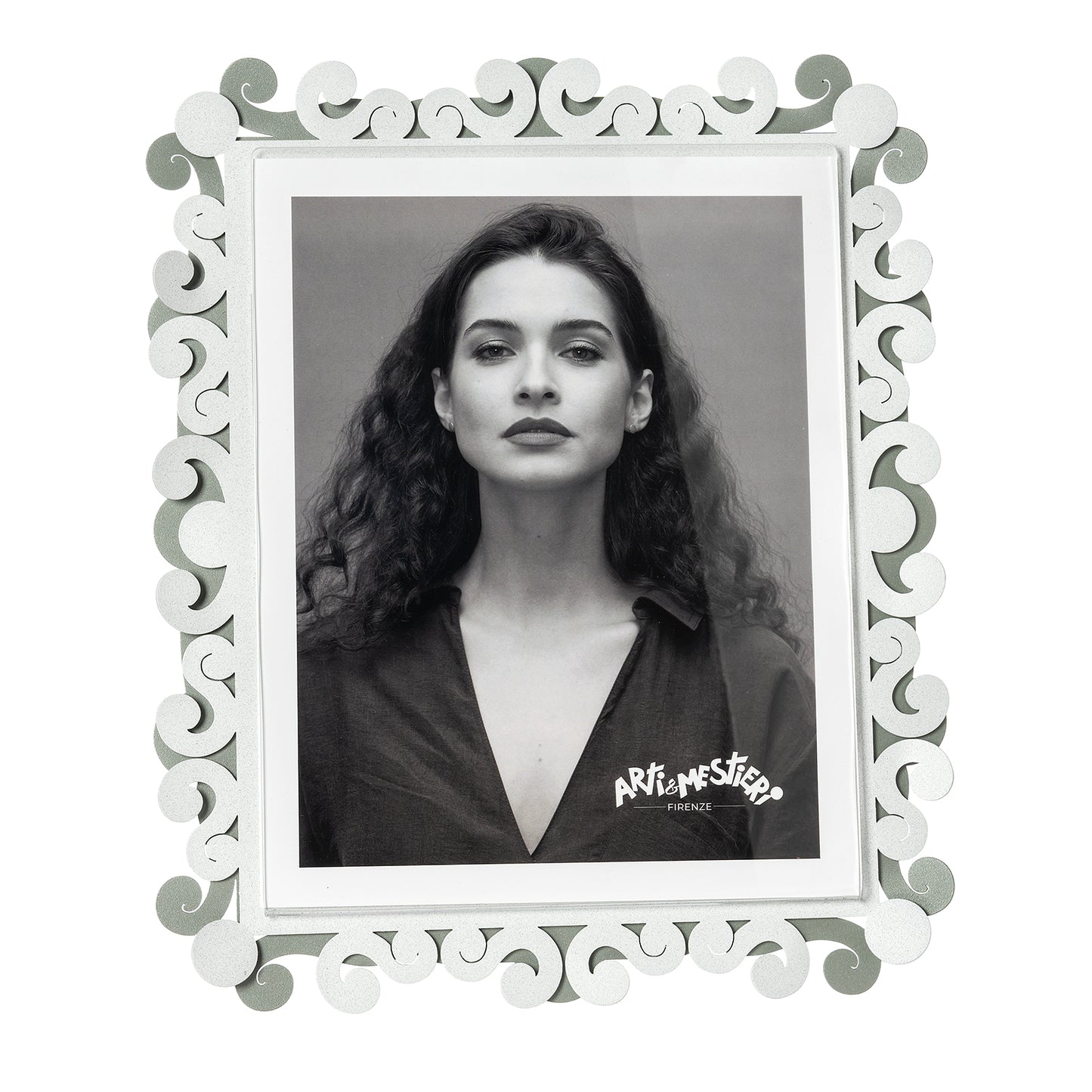 Vista frontale cornice portafoto verticale Koko Maxi di Arti&Mestieri, colore giada/bianco marmo