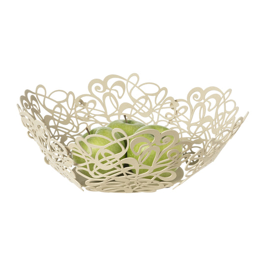 Fruttiera Scarabocchio Grande di Art&Mestieri in ferro color chantilly con frutta, vista tre quarti