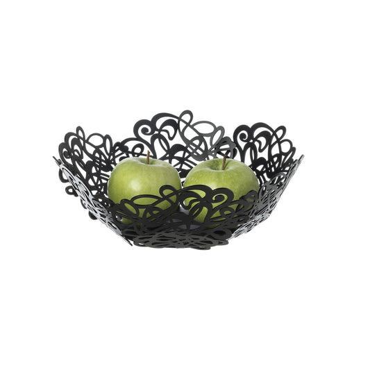 Fruttiera Scarabocchio Piccola di Art&Mestieri in ferro color nero con frutta, vista tre quarti