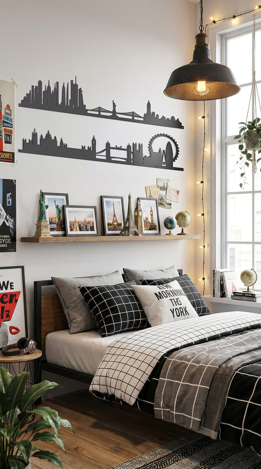 Ambientazione della sagoma in ferro della città New York e Londra, Skyline New York e London di Arti&Mestieri, in una camera da letto insieme ad altri ricordi di viaggi.