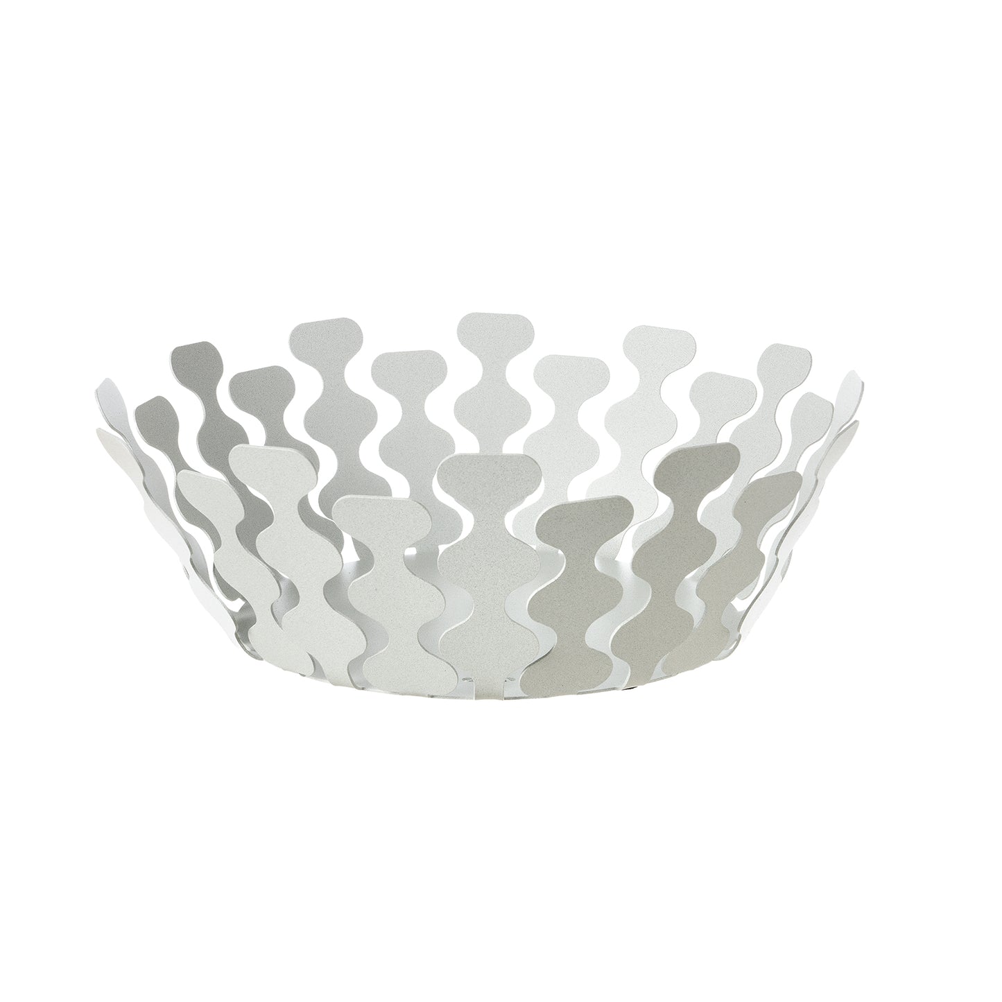 Fruttiera Nori Piccola di Art&Mestieri in ferro color bianco marmo vuota, vista tre quarti