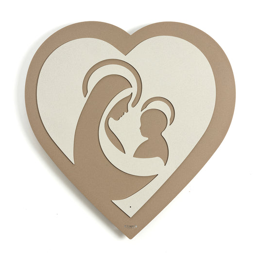 Vista frontale dell'icona religiosa Cuore, Madonna con Bambino, color beige -avorio