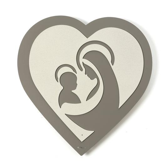 Vista frontale dell'icona religiosa Cuore, Madonna con Bambino, color fango -avorio