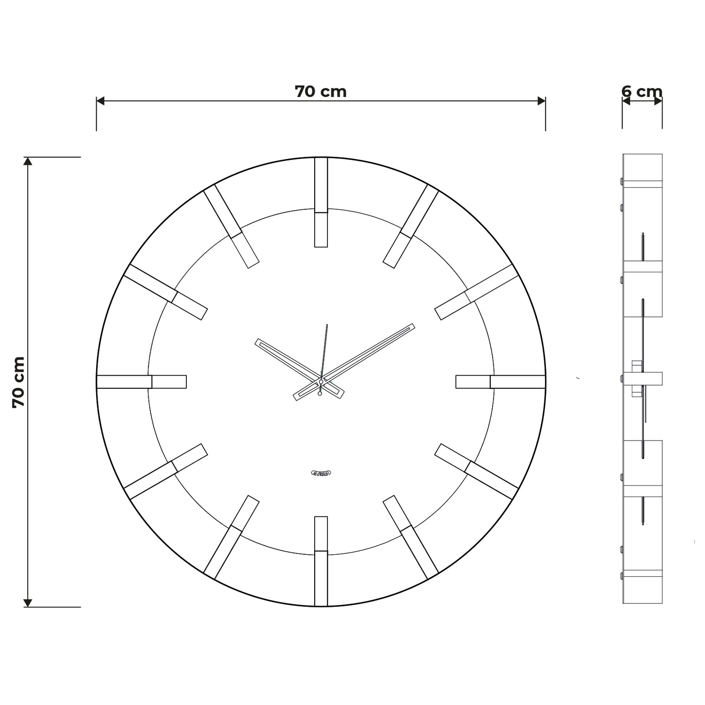 Schema grafica per le dimensioni dell'orologio Timon 70 : 70 x 70 cm, spessore 6 cm