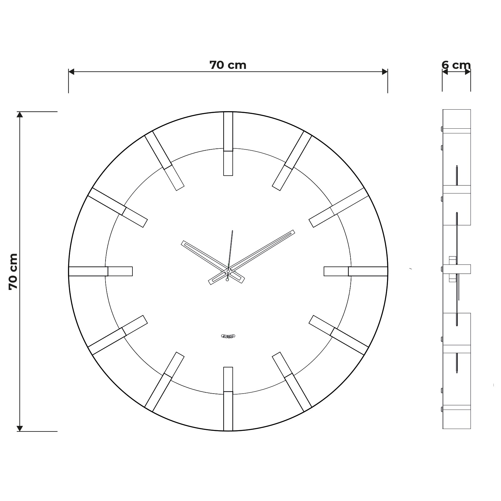 Schema grafica per le dimensioni dell'orologio Timon 70 : 70 x 70 cm, spessore 6 cm