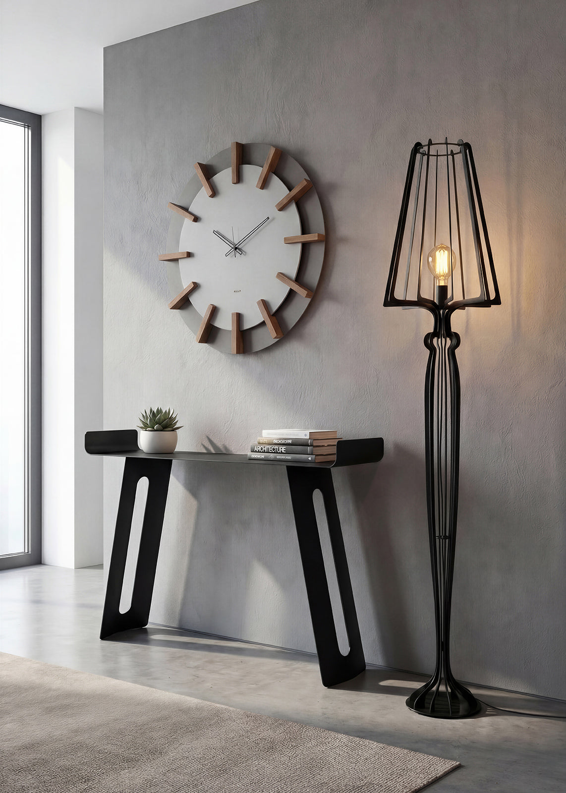 Orologio Timon Arti&Mestieri in soggiorno moderno con consolle Tibet e lampada Minerva