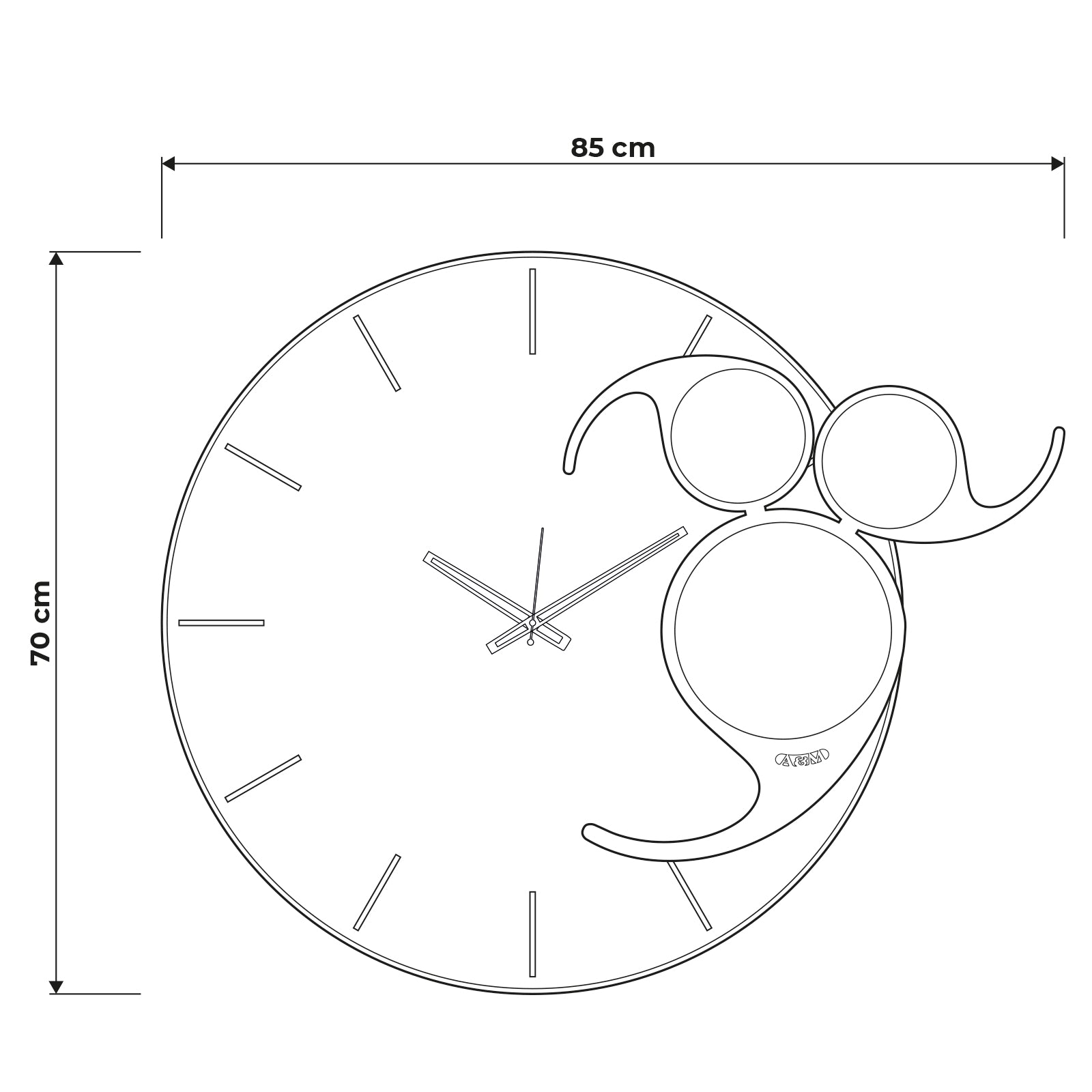 Schema grafica per le dimensioni dell'orologio Apostrofo: 85 x 70 cm