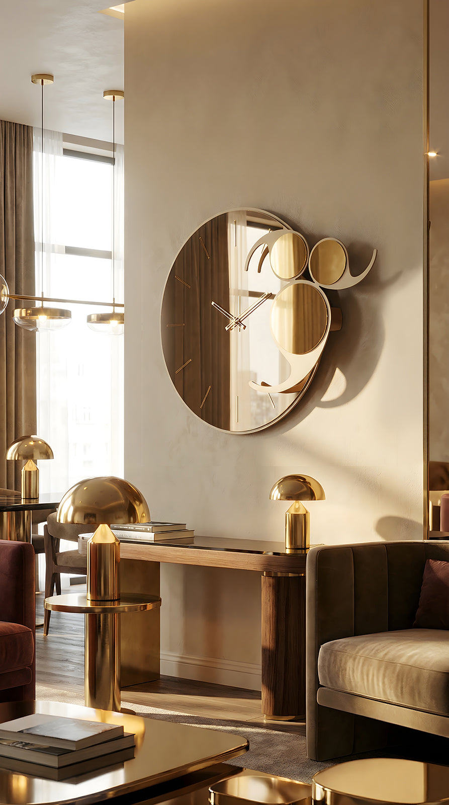 Orologio Apostrofo vetro specchiato bronzo Arti&Mestieri in soggiorno retrò elegante dalle tonalità dorate.