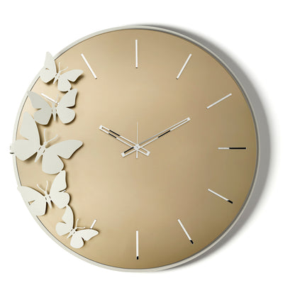 Vista frontale dell'orologio specchiato di design Diana di Arti&Mestieri, realizzato in vetro satinato Velour Luxe bronzo, base avorio.
