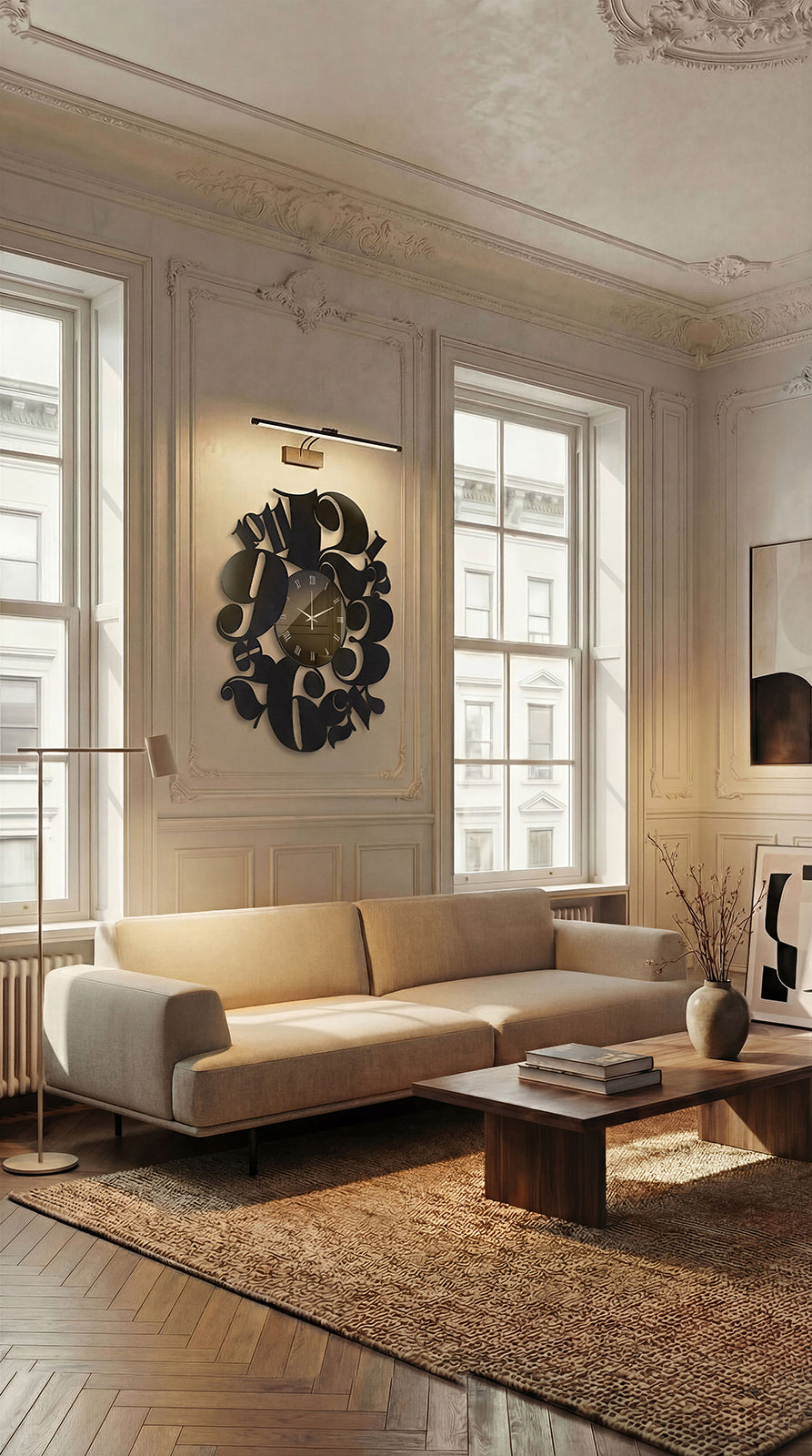 Ambientazione dell'orologio Bodoni di Arti&Mestieri in un salotto elegante ed elegante di un appartamento parigino.