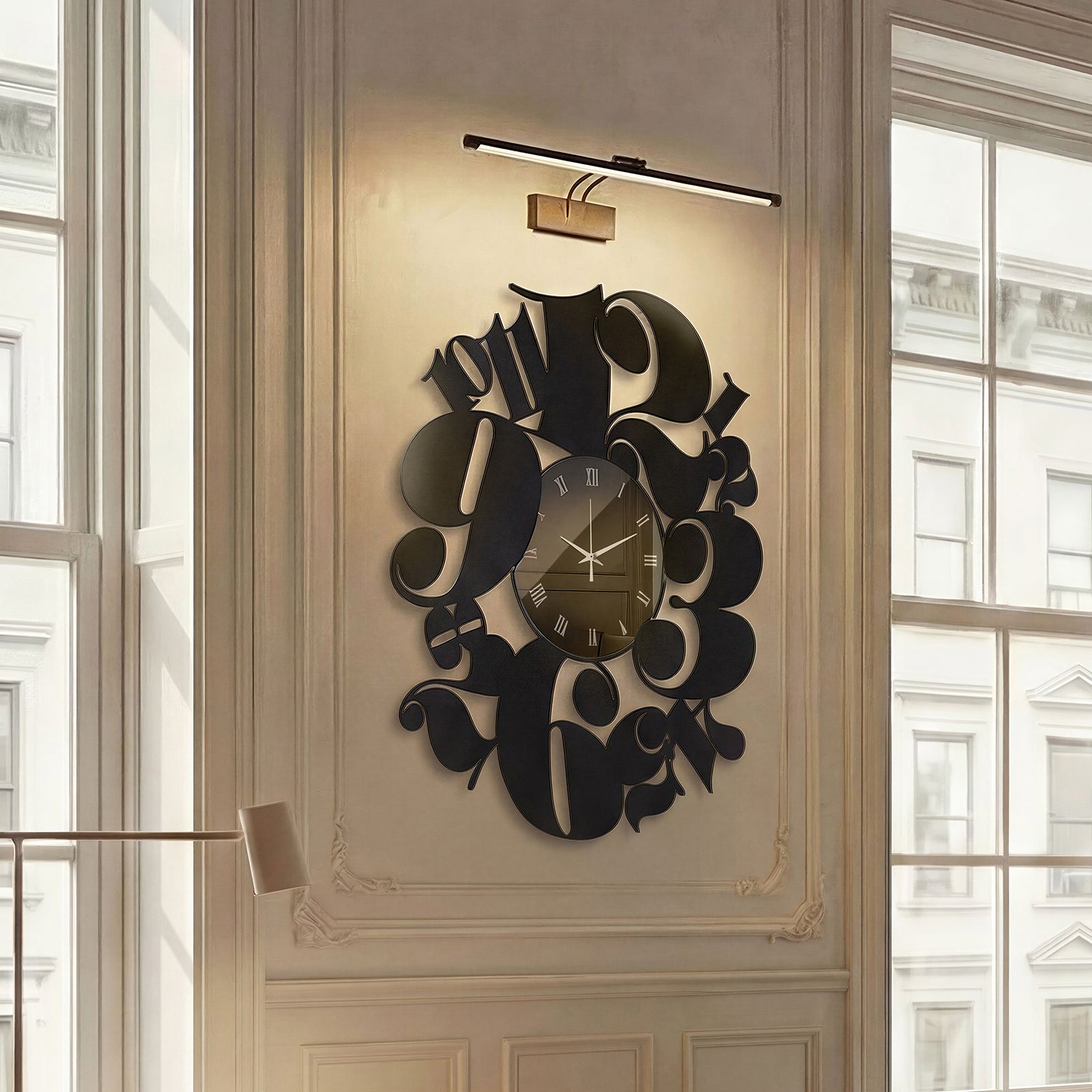 Particolare dell'ambientazione dell'orologio Bodoni di Arti&Mestieri in un salotto di un appartamento parigino.