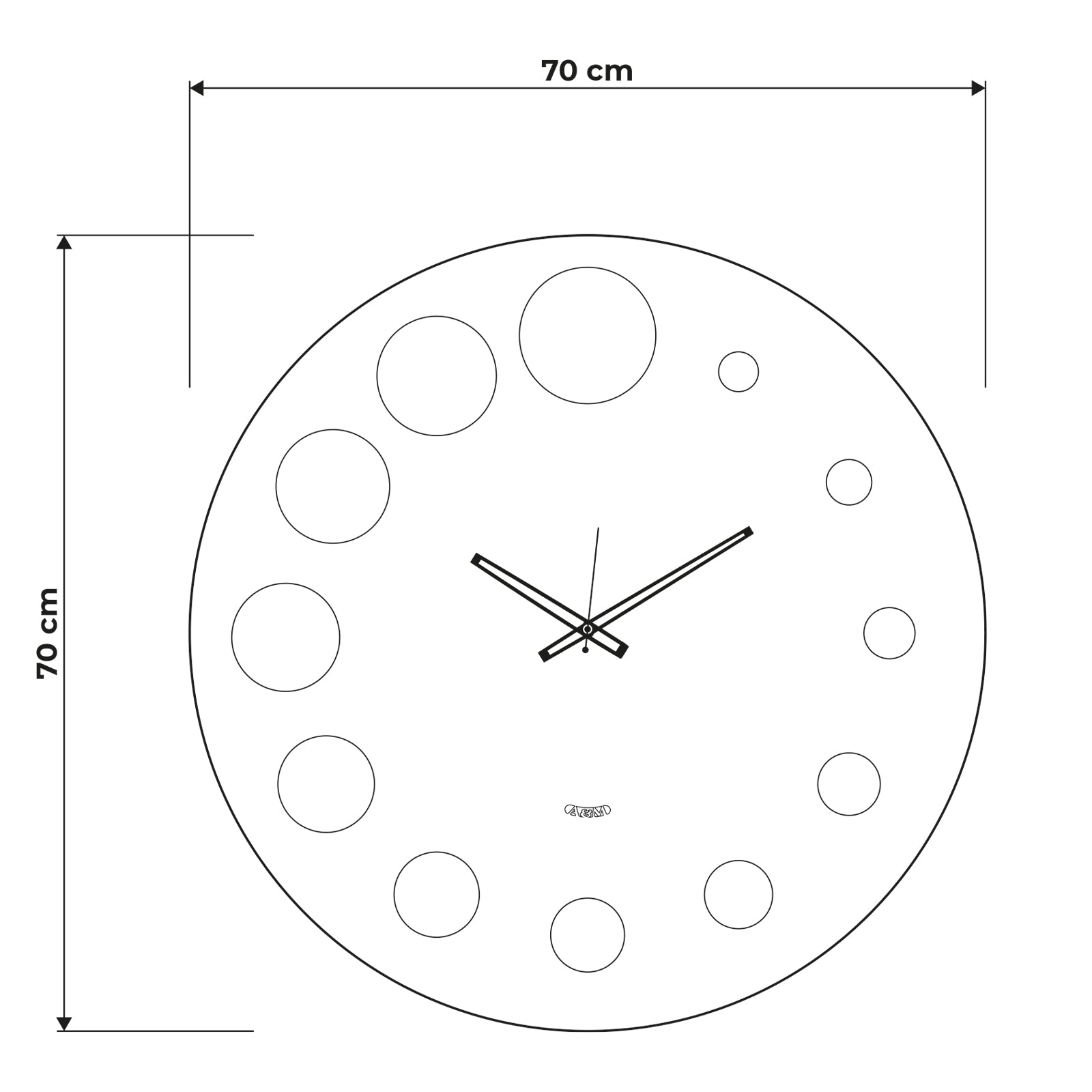 Schema grafico per le dimensioni dell'orologio Formula : 70 x 70 cm