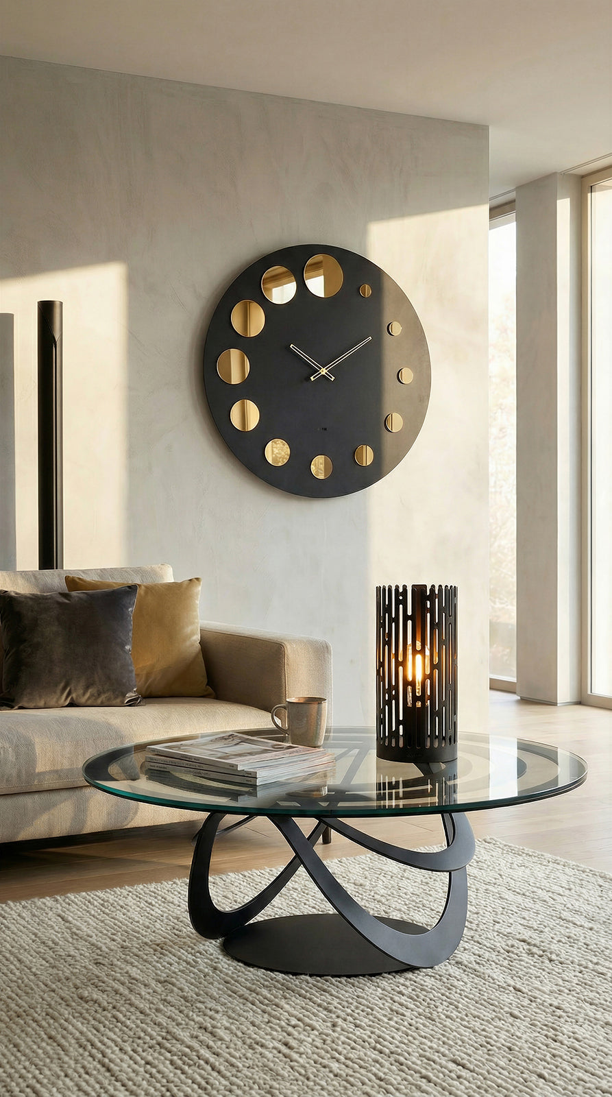 Ambientazione orologio formula con tavolo optical e lampada Kamalea di Arti&Mesteri