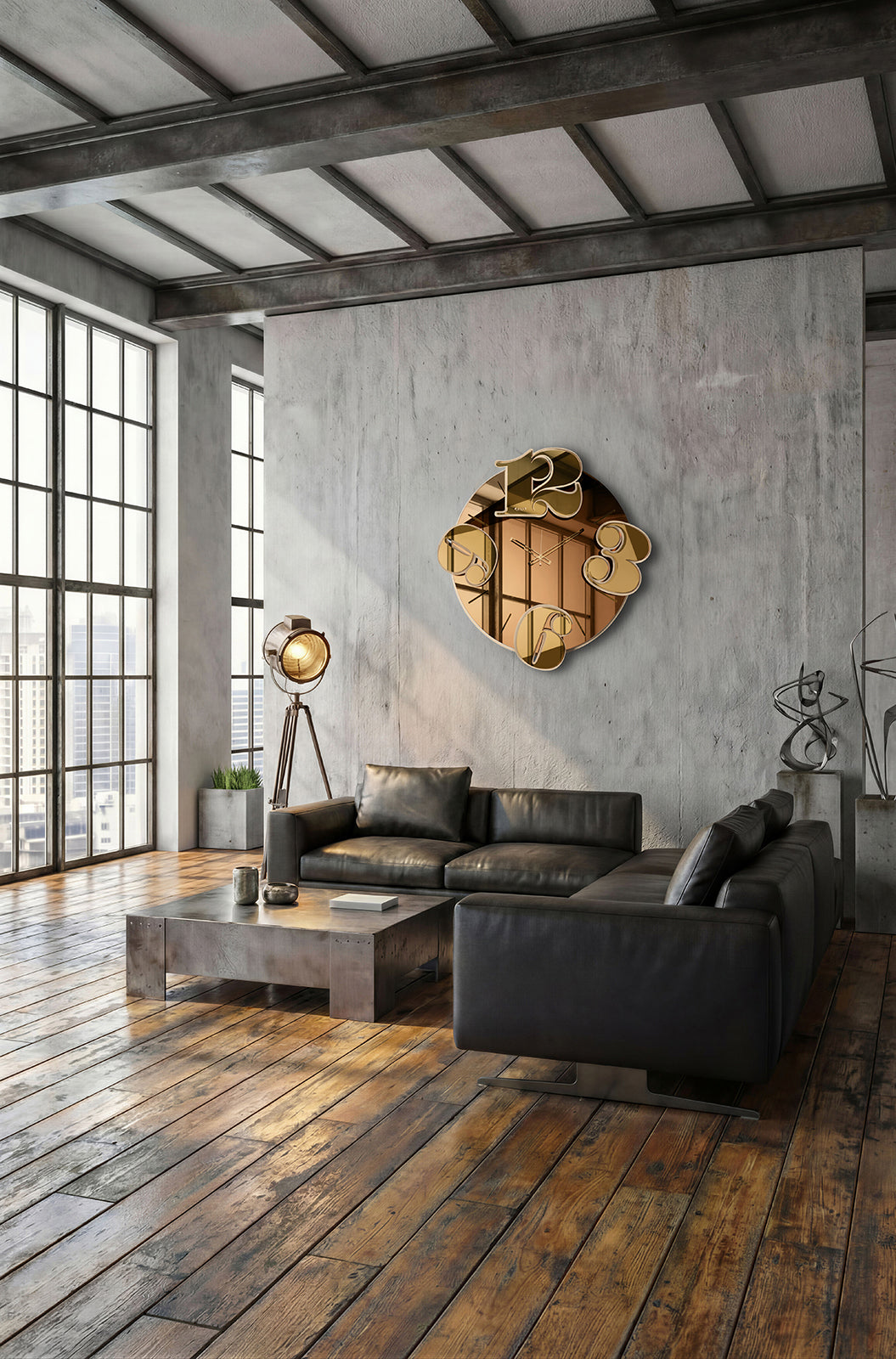 Orologio da parete specchio Benguiat Arti&Mestieri finitura ambra - ambientazione appartamento industrial