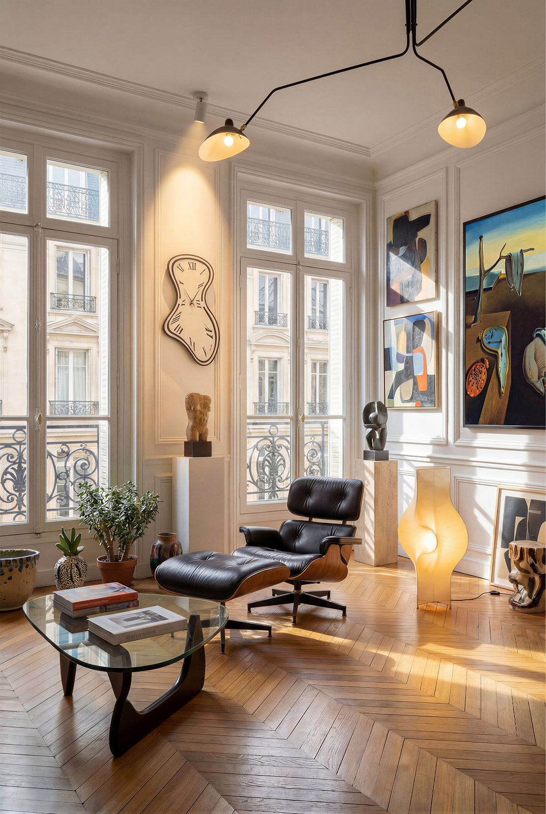 Ambientazione in un salotto moderno parigino di un collezionista d'arte dell'Orologio Dali di Arti&Mestieri.