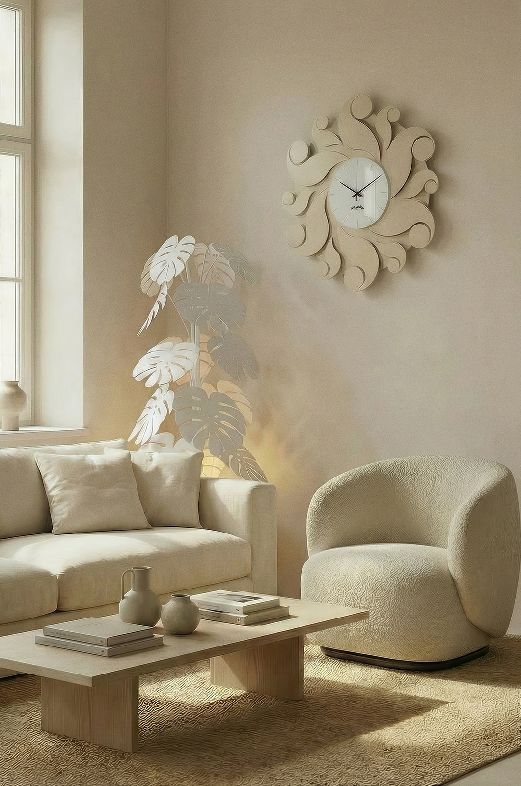 Orologio Medusa e lampada Monstera Arti&Mestieri in ambiente minimal luminoso con tonalità chiar