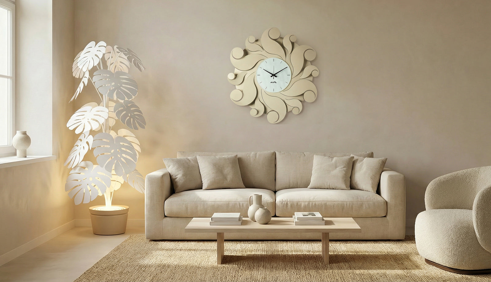 Composizione orologio da parete Medusa e lampada Monstera Arti&Mestieri in interior design minimal con palette chiara