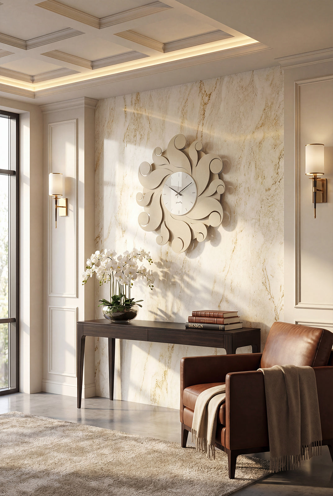 Orologio Medusa Arti&Mestieri ambientato in ingresso di prestigio con parete rivestita in marmo