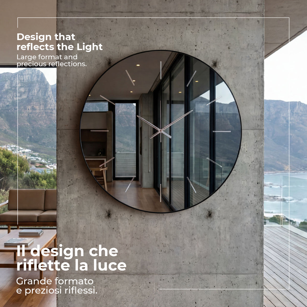 Foto ambientata dell'orologio specchiato Giotto 90 in una casa al mare, Arti&Mestieri. Specchi fumè.