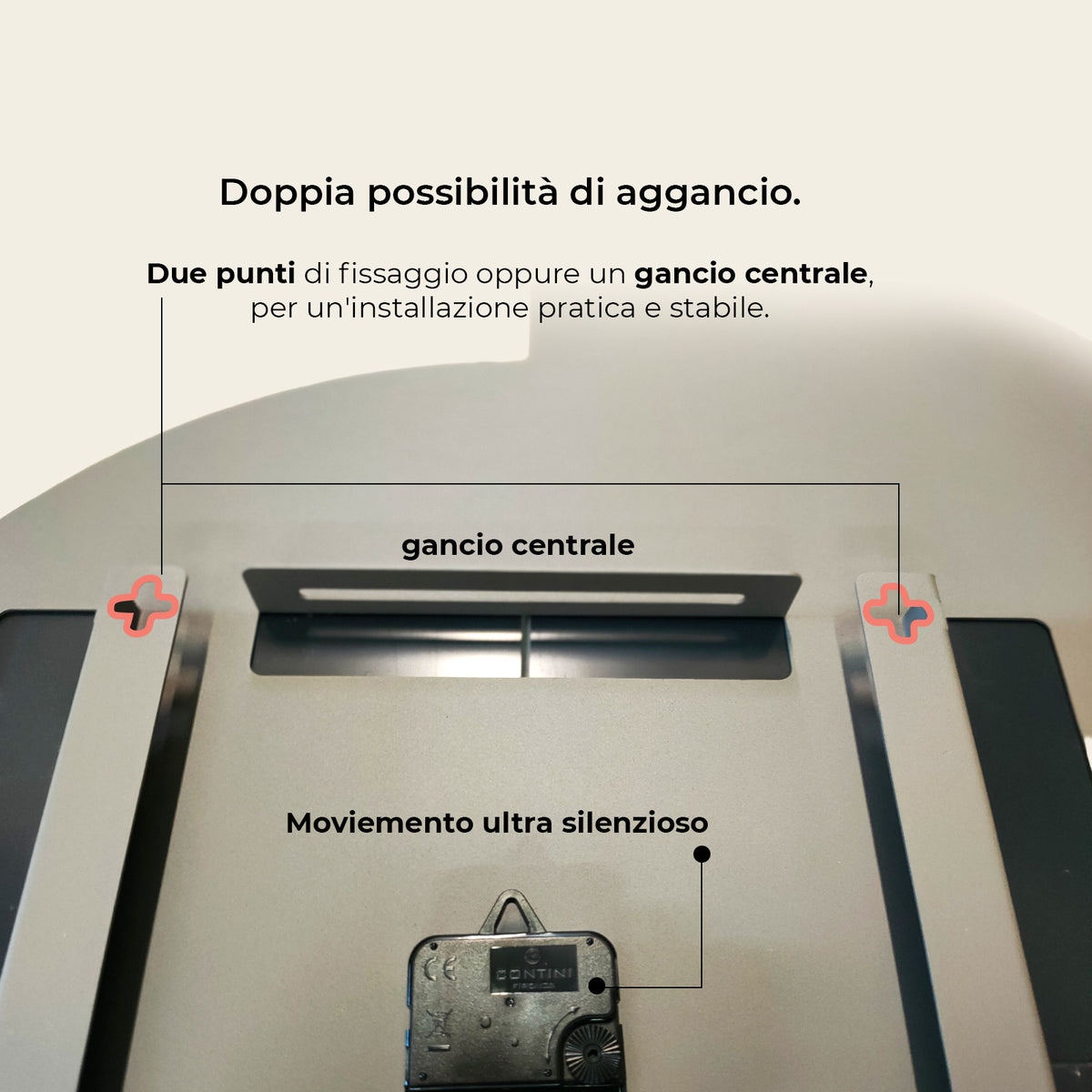 Scheda sistema di fissaggio orologio specchiato Arti e Mestieri
