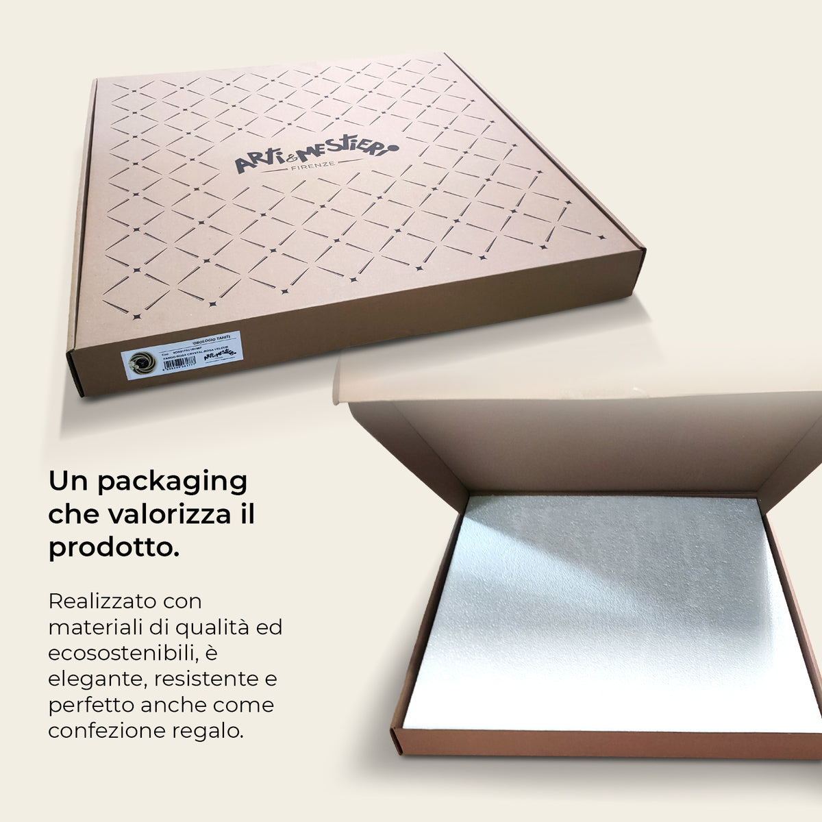 Scheda sul packaging dell'orologio da parete Tahiti
