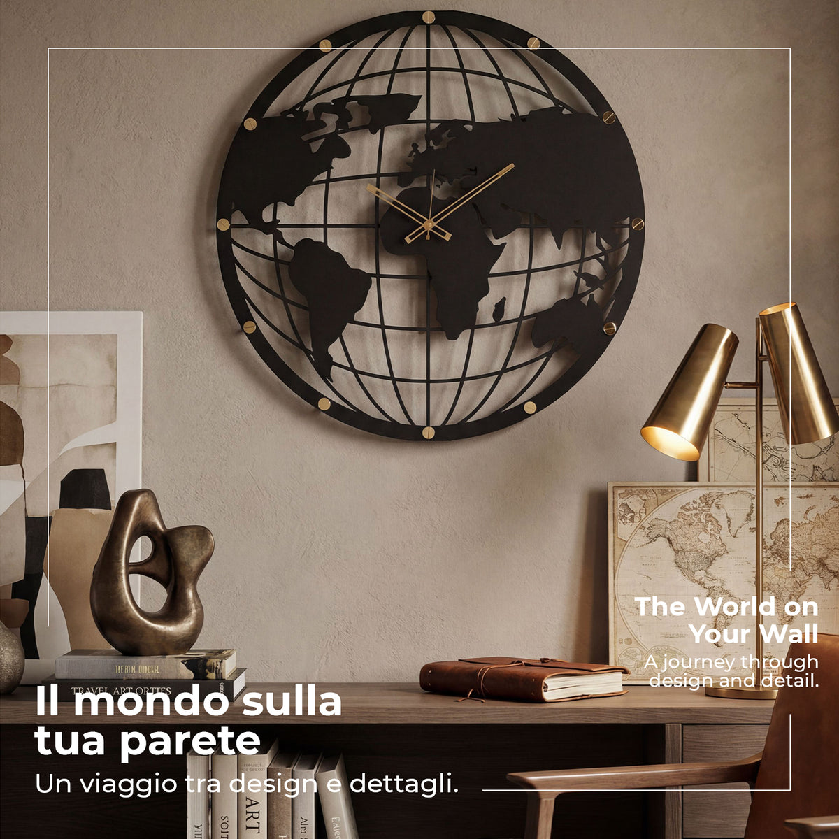 Foto ambientata dell'orologio Mappa Mundi di Arti e Mestieri in uno studio.