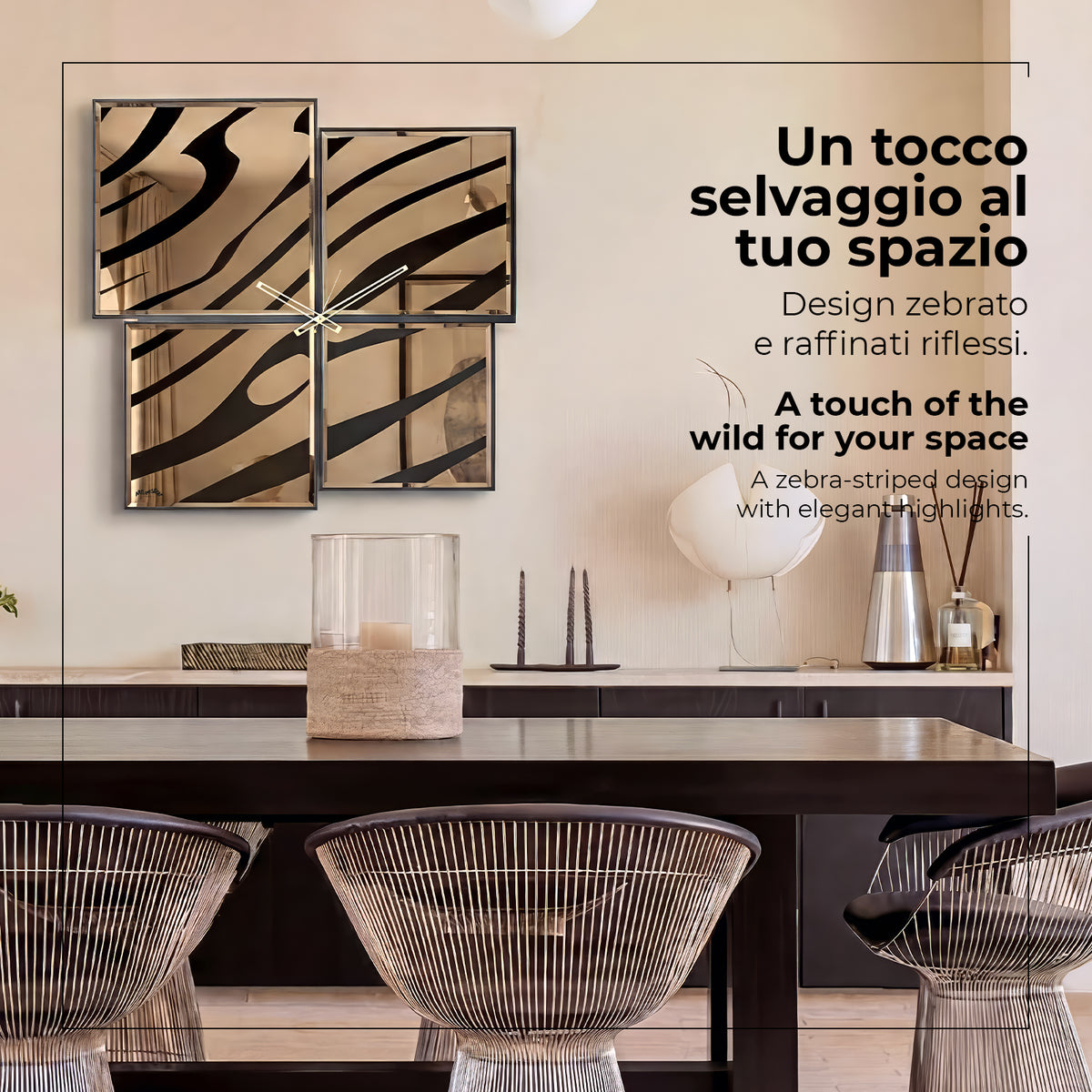 Foto ambientata orologio da parete specchiato SIntesi 70 Savana, finitura bronzo.
