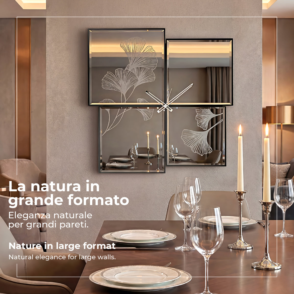 Foto ambientata orologio da parete specchiato Sintesi 90 Ginkgo in sala da pranzo.