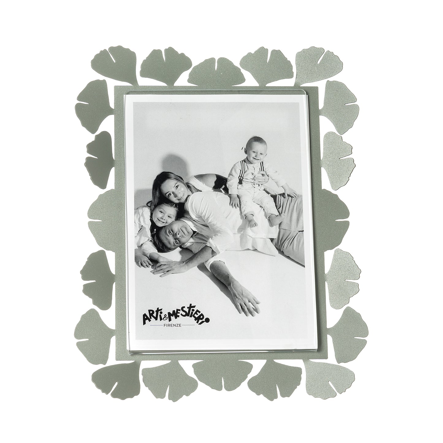 Vista frontale cornice portafoto floreale verticale Ginkgo Grande di Arti&Mestieri, colore giada