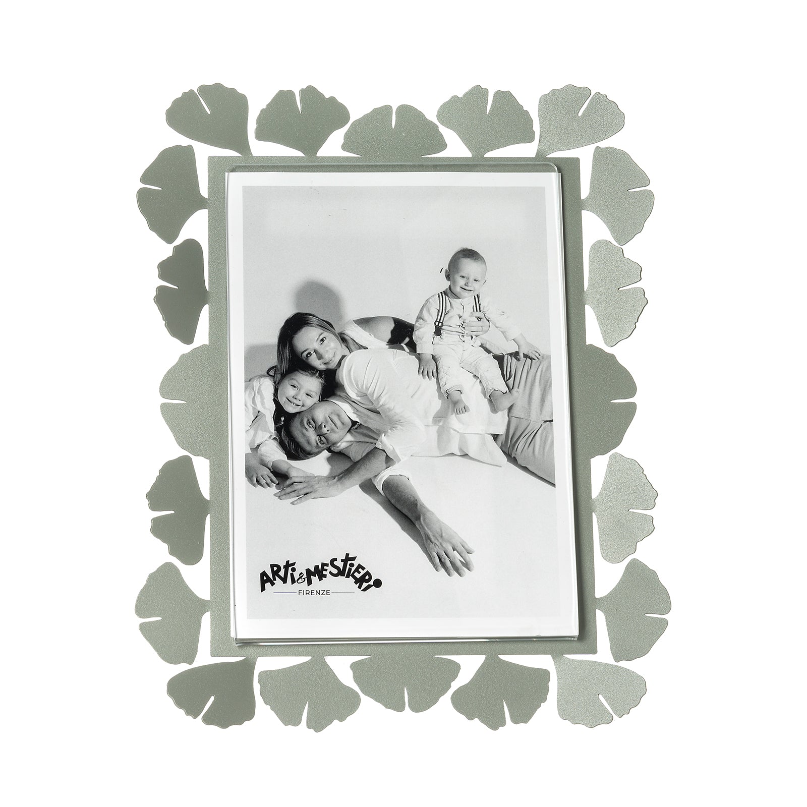 Vista frontale cornice portafoto floreale verticale Ginkgo Grande di Arti&Mestieri, colore giada