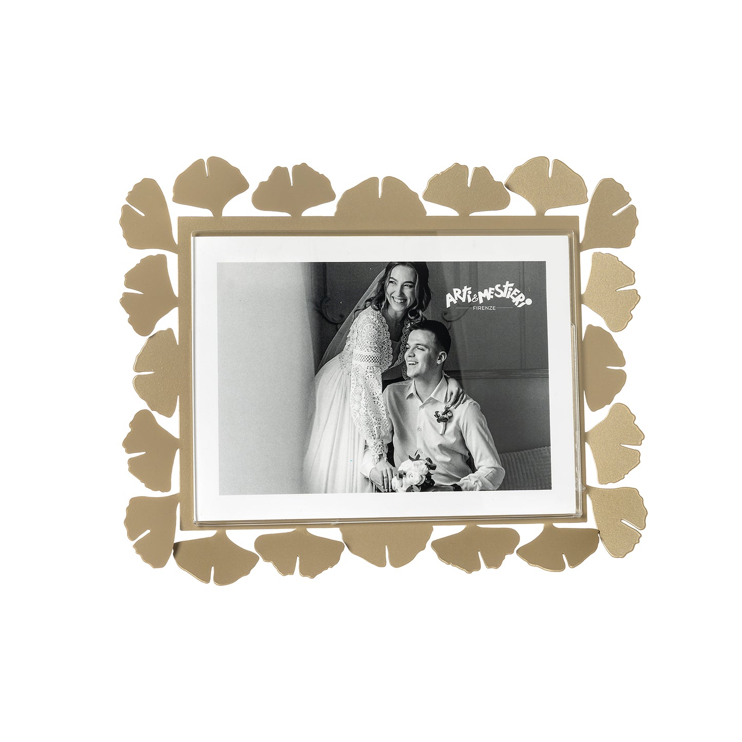 Vista frontale cornice portafoto floreale orizzontale Ginkgo Grande di Arti&Mestieri, colore miele