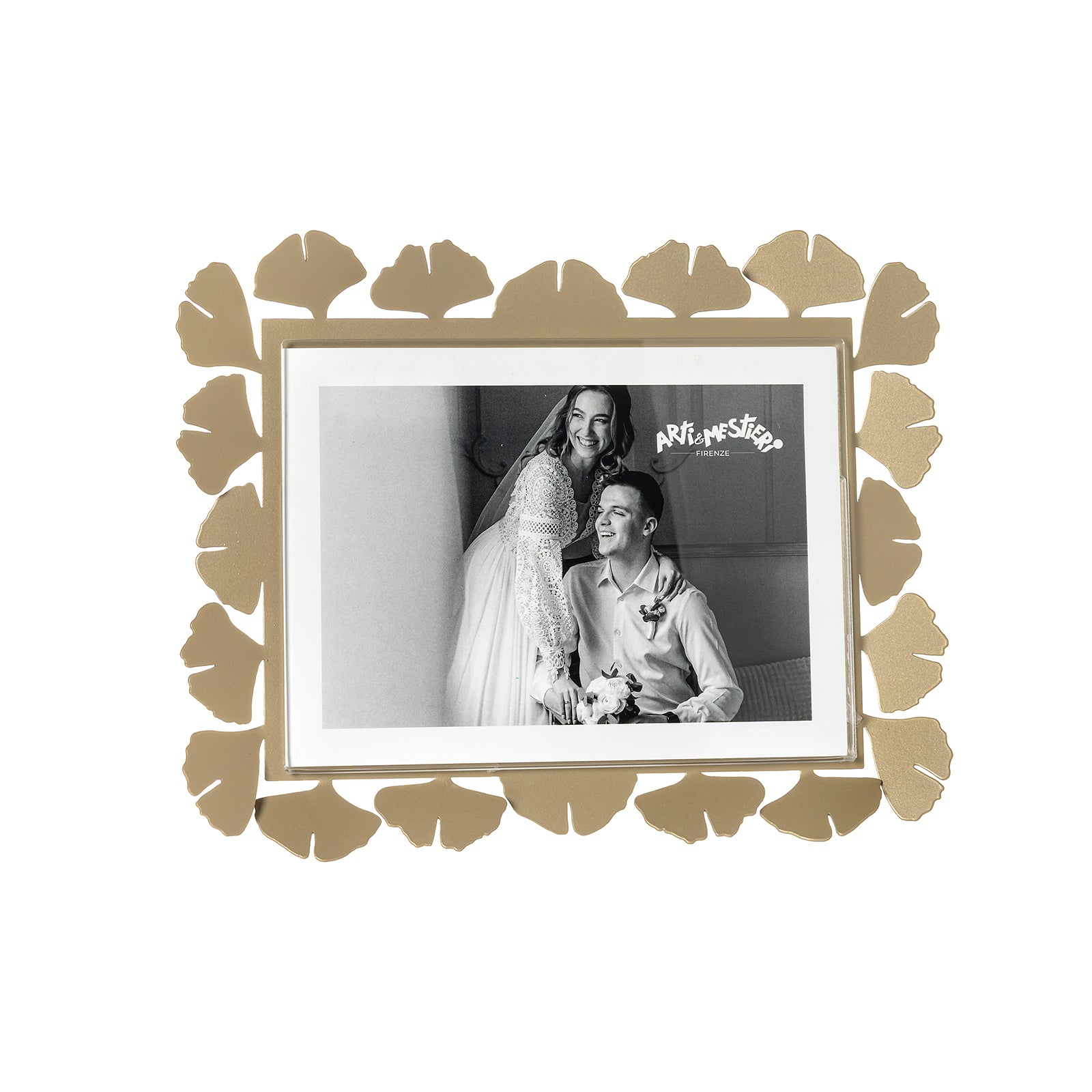 Vista frontale cornice portafoto floreale orizzontale Ginkgo Grande di Arti&Mestieri, colore miele
