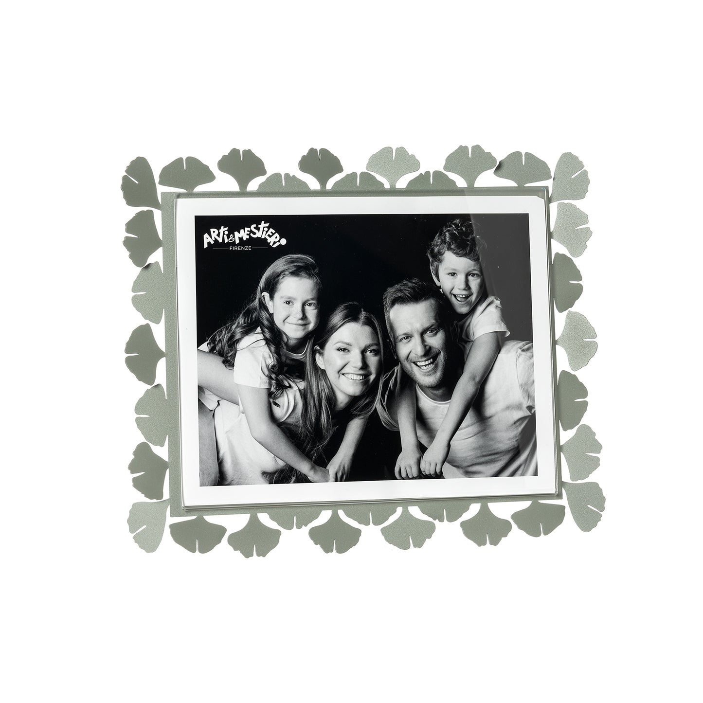 Vista frontale cornice portafoto floreale orizzontale Ginkgo Grande di Arti&Mestieri, colore giada