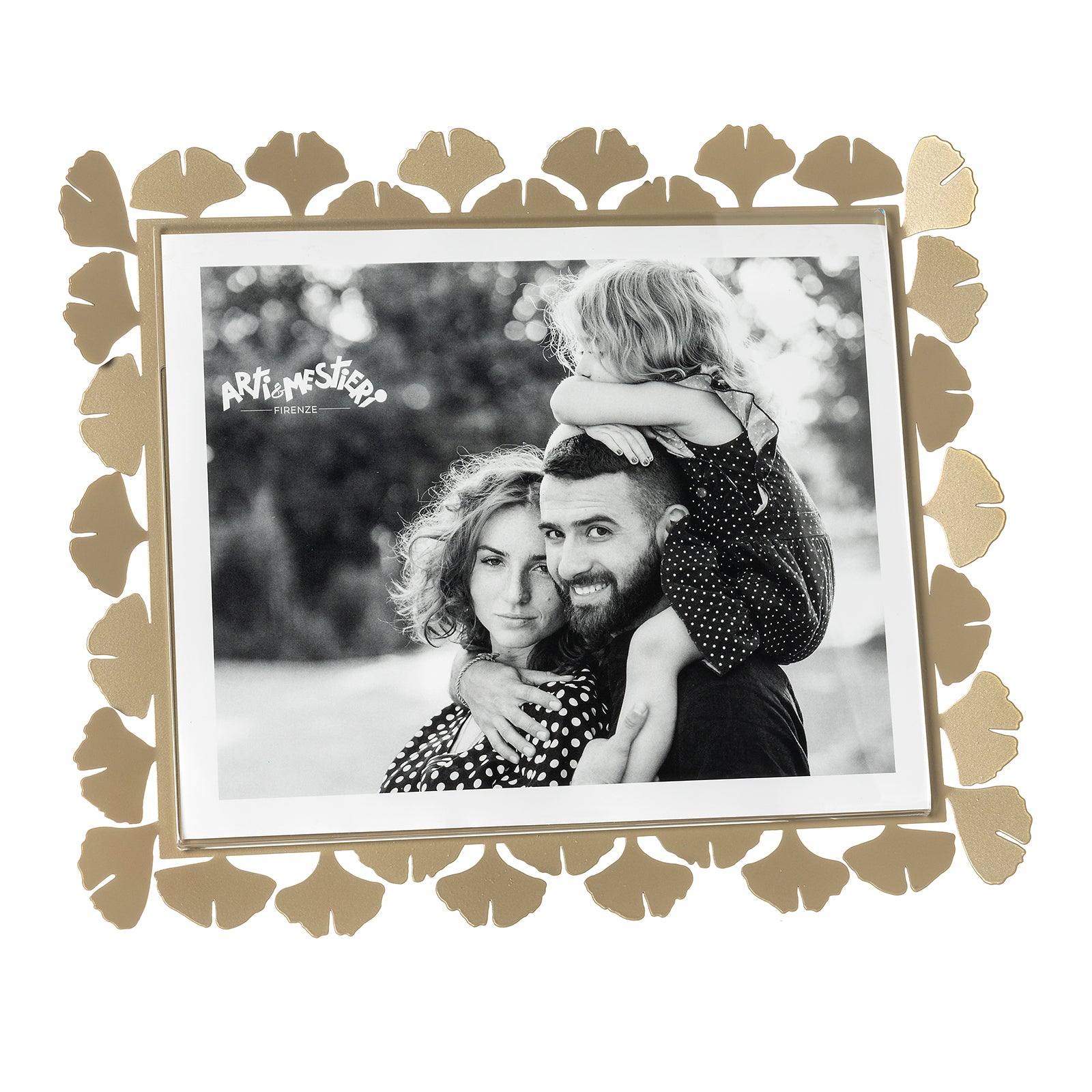 Vista frontale cornice portafoto floreale orizzontale Ginkgo Maxi di Arti&Mestieri, colore miele