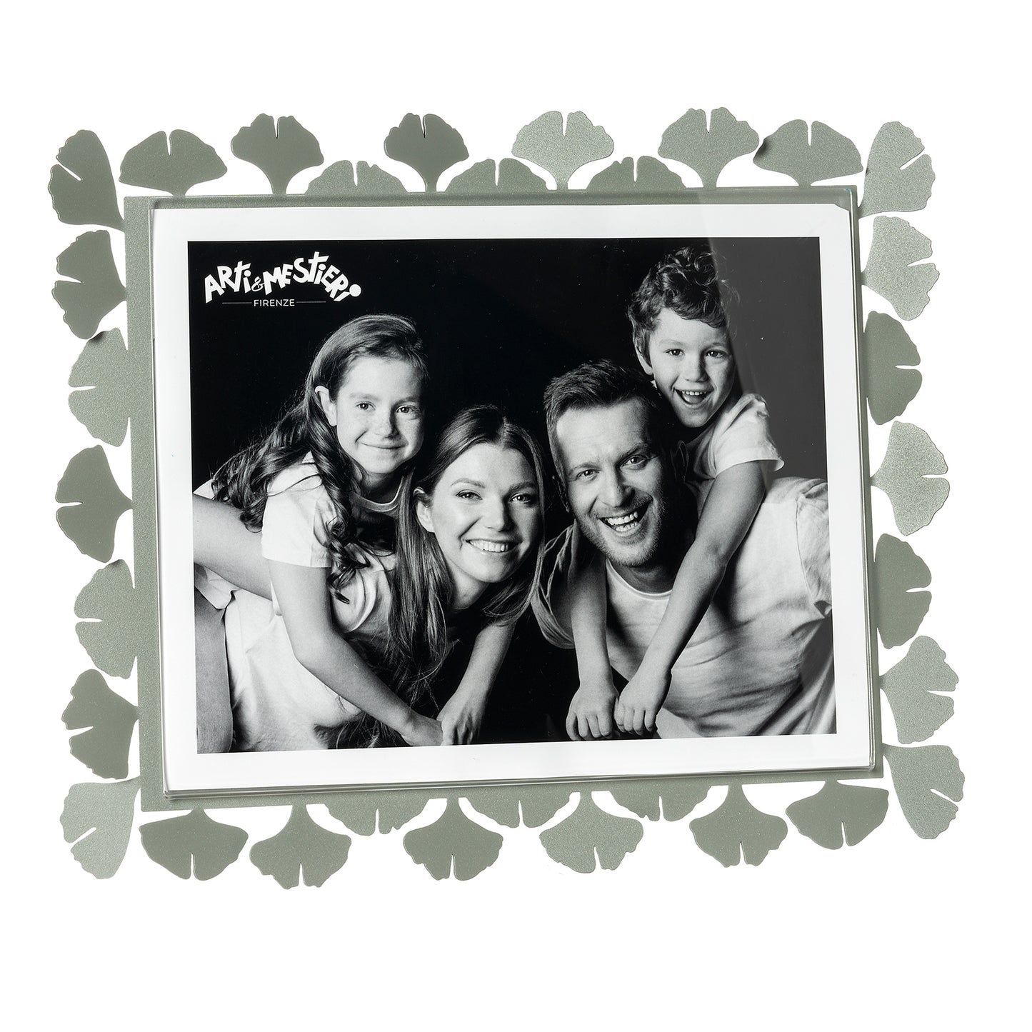 Vista frontale cornice portafoto floreale orizzontale Ginkgo Maxi di Arti&Mestieri, colore giadda