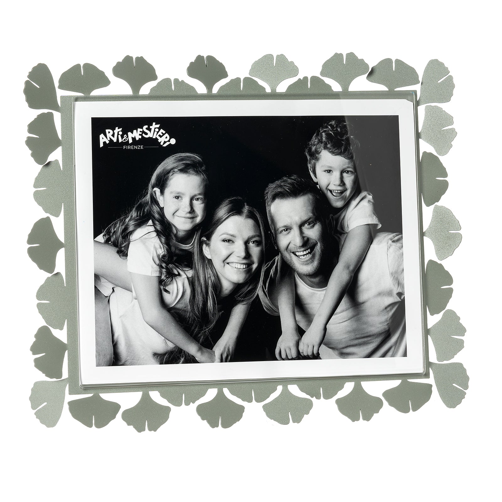 Vista frontale cornice portafoto floreale orizzontale Ginkgo Maxi di Arti&Mestieri, colore giadda