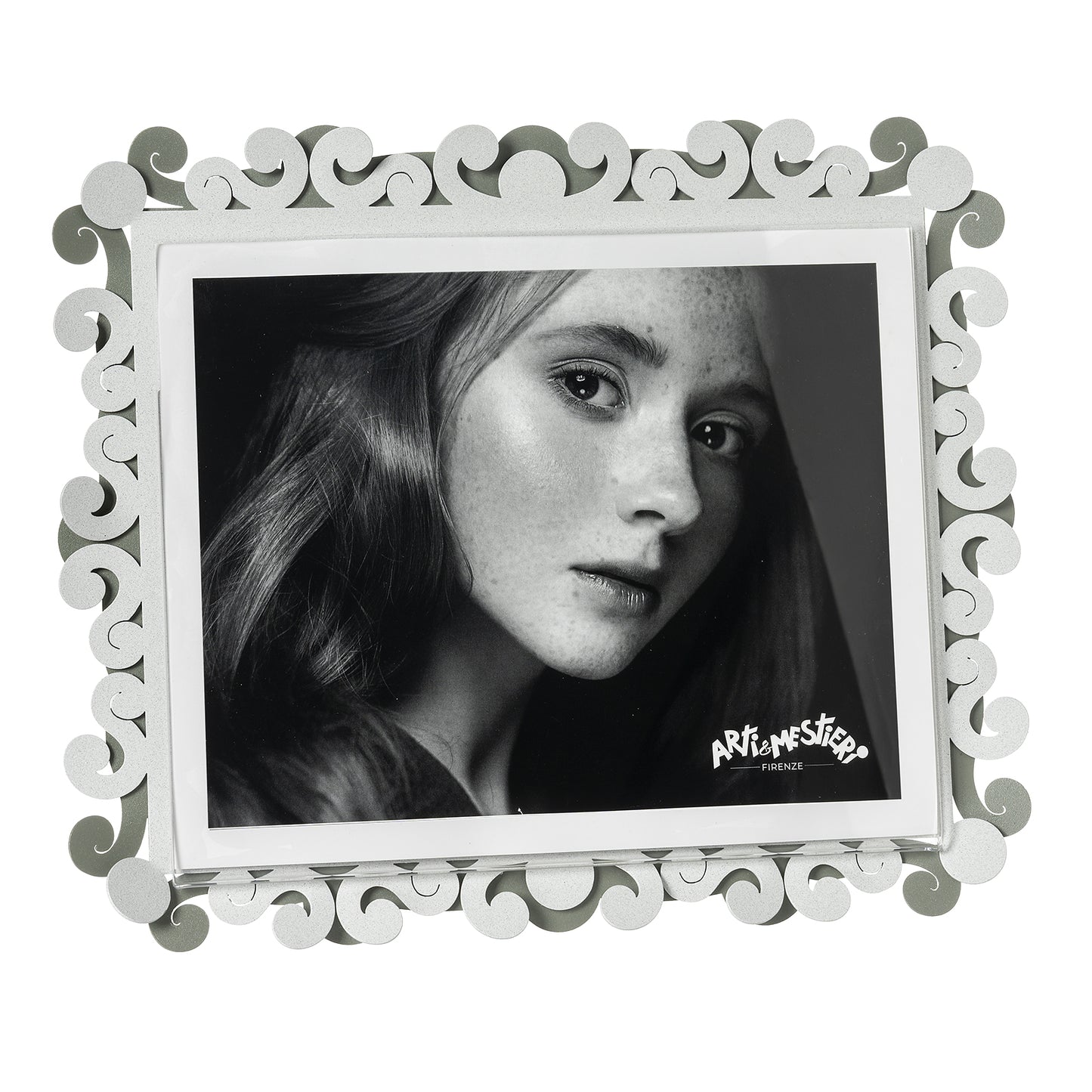 Vista frontale cornice portafoto orizzontale Koko Maxi di Arti&Mestieri, colore giada/bianco marmo