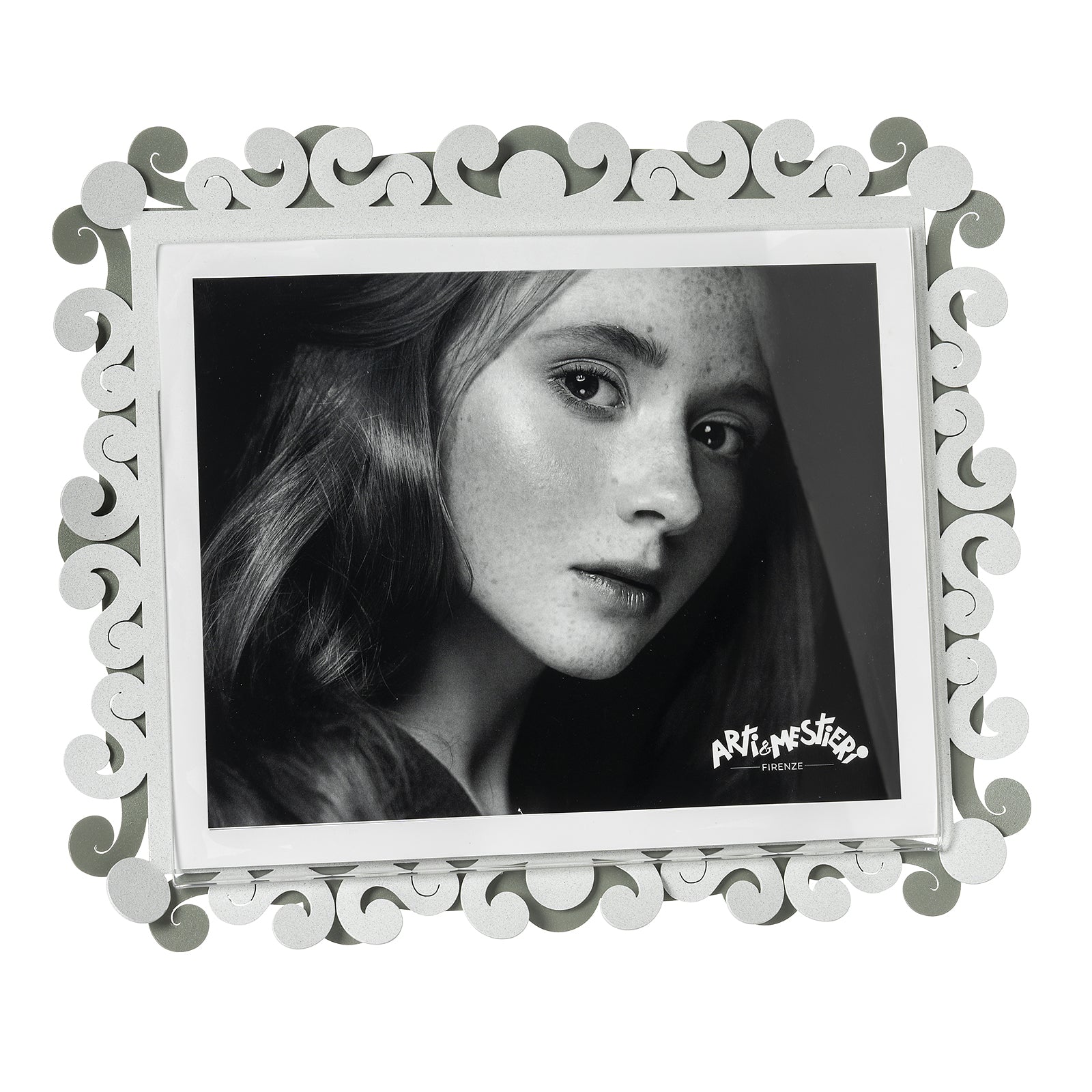 Vista frontale cornice portafoto orizzontale Koko Maxi di Arti&Mestieri, colore giada/bianco marmo