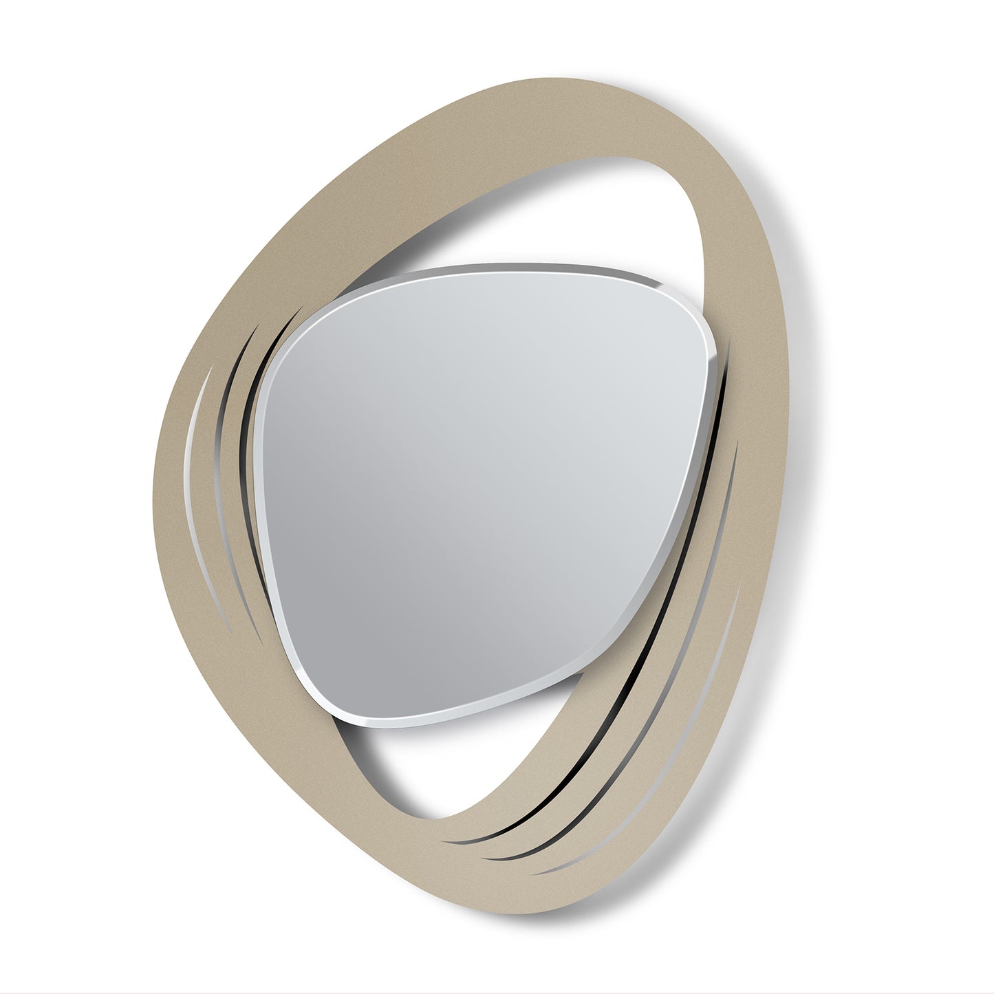 Vista frontale dello specchio Strava in stile "Moderno di Metà Secolo" di Arti&Mestieri. Colore della base beige.
