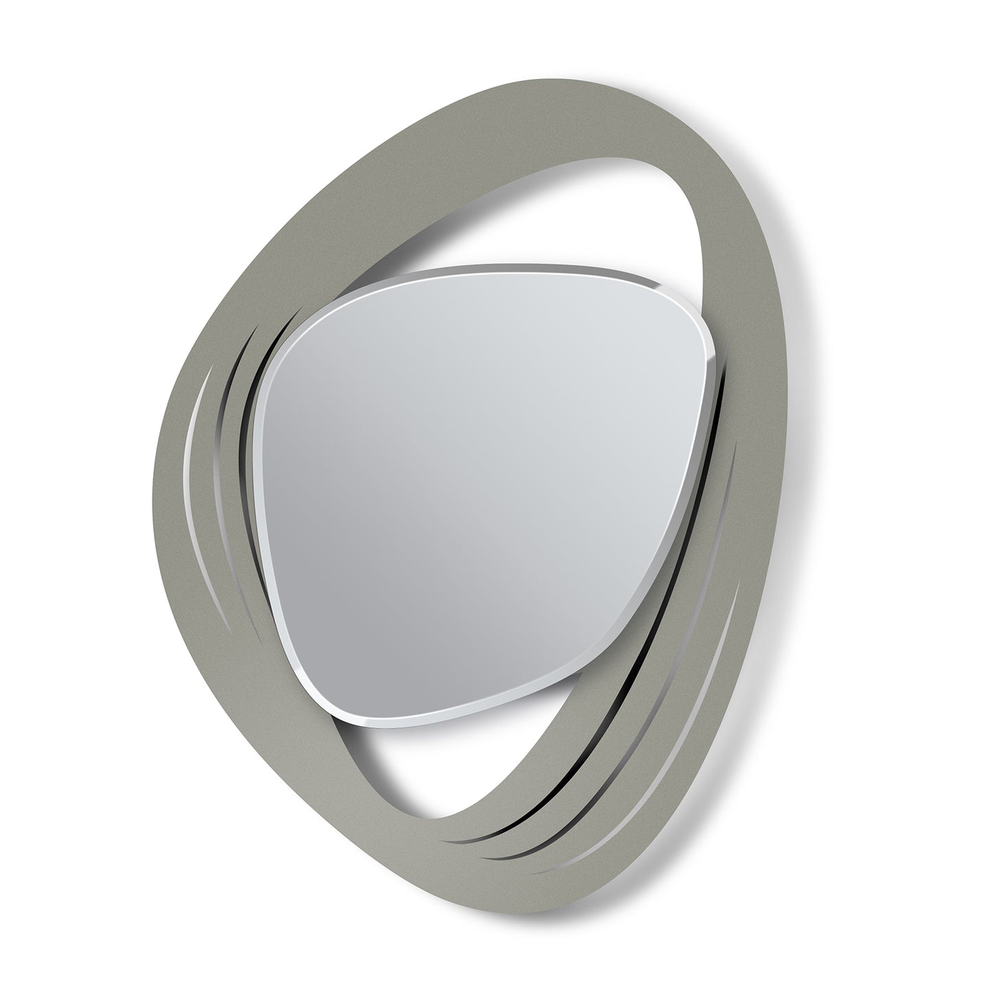 Vista frontale dello specchio Strava in stile "Moderno di Metà Secolo" di Arti&Mestieri. Colore della base fango.