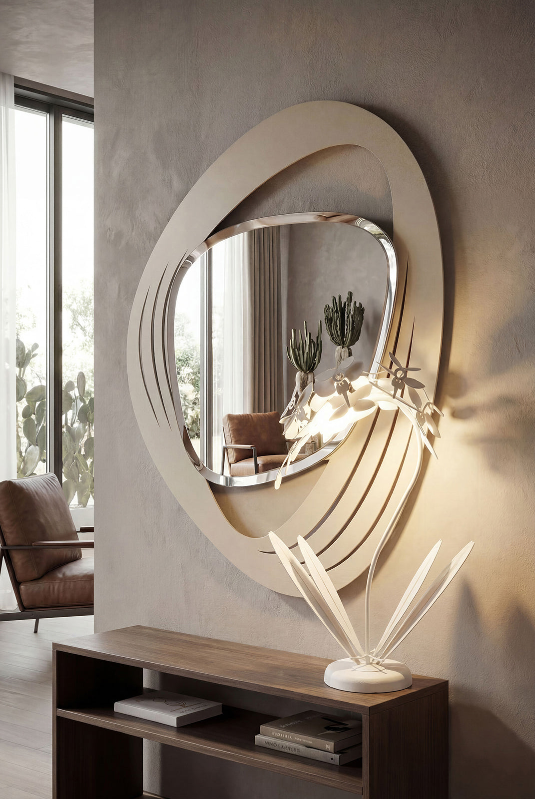 Ambientazione in un salotto dello specchio in stile vintage Strava con lampada Orchidea di Arti&Mestieri.