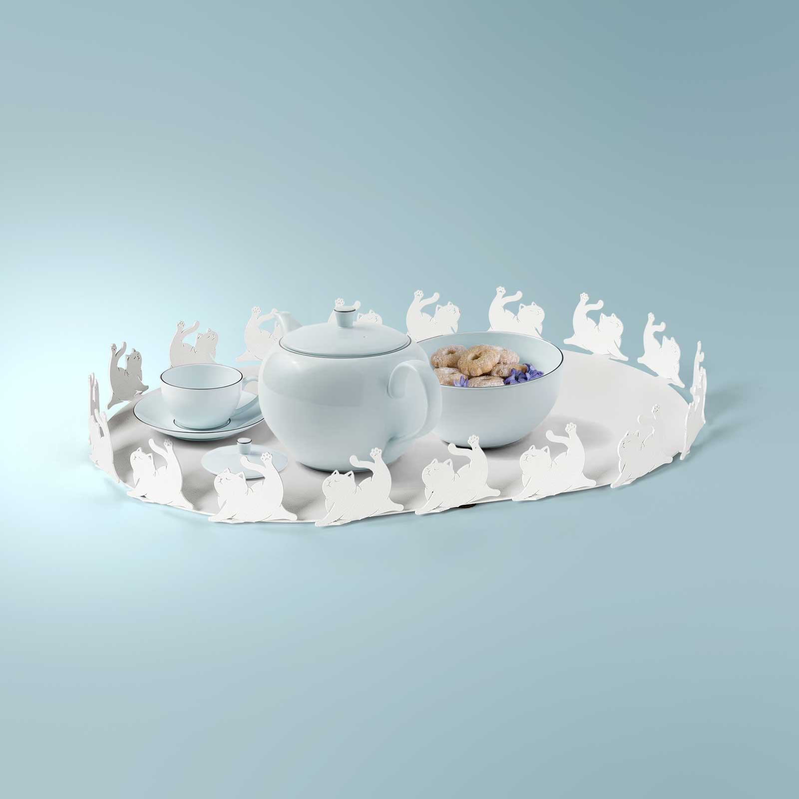 Vassoio con motivo gatto Matisse finitura bianco marmo, foto ambientata