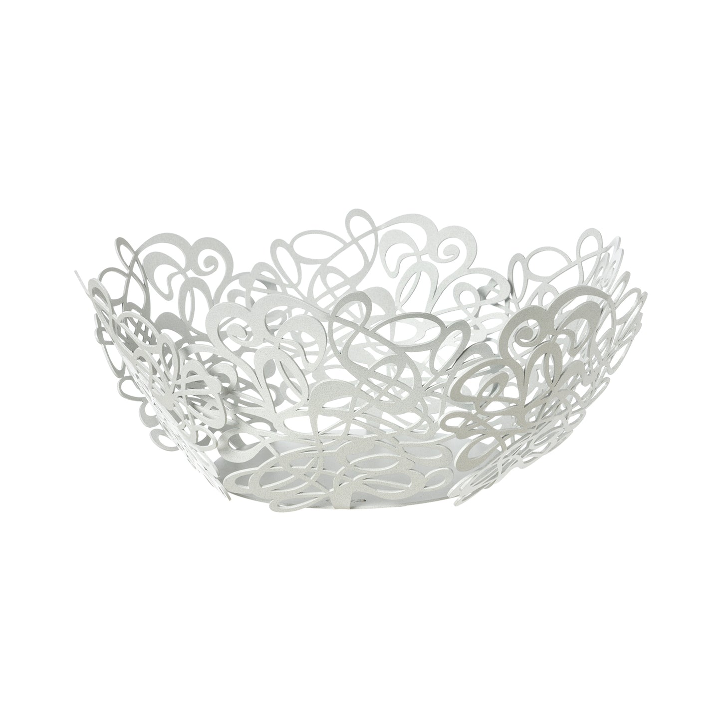 Fruttiera Scarabocchio Grande di Art&Mestieri in ferro color bianco marmo, vista tre quarti