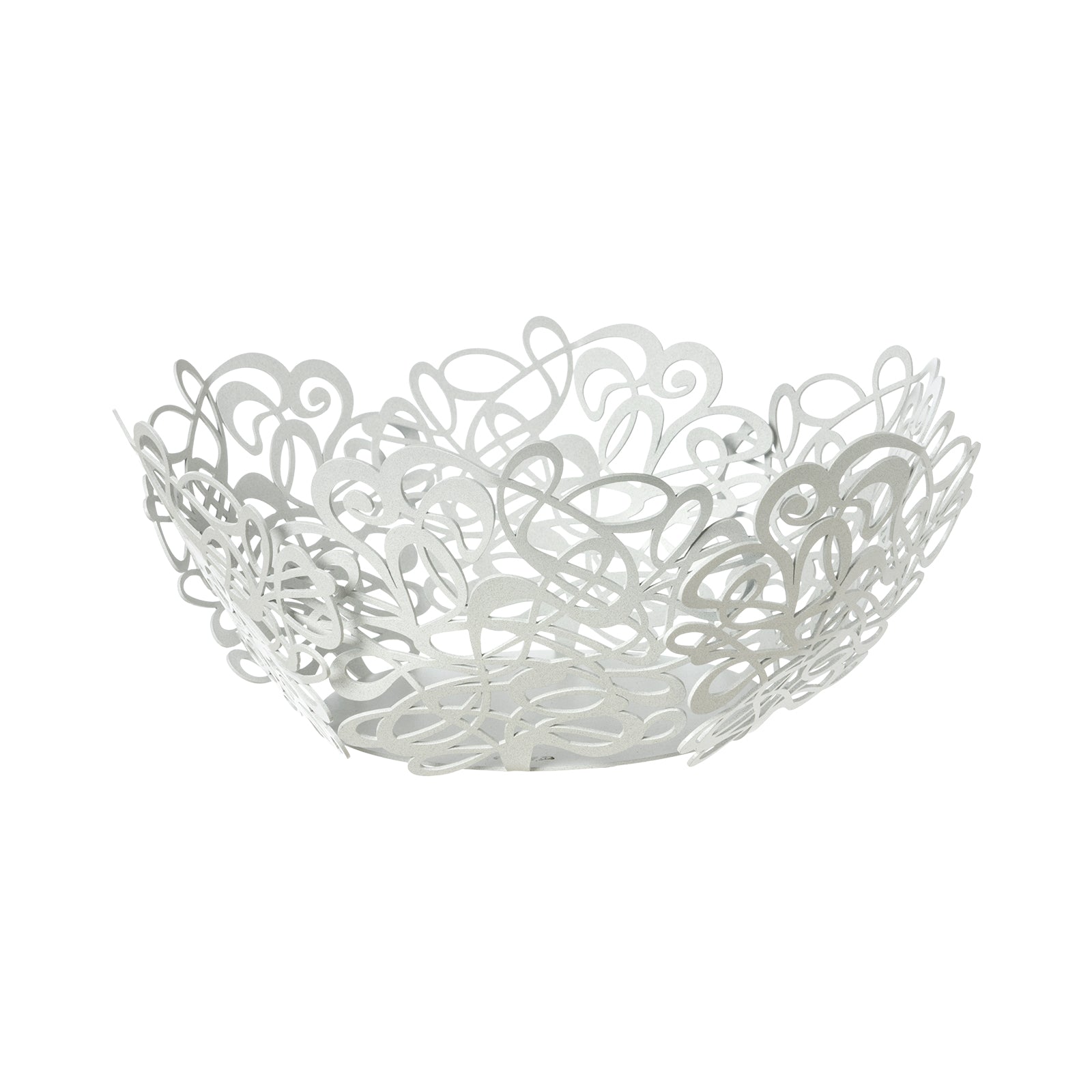 Fruttiera Scarabocchio Grande di Art&Mestieri in ferro color bianco marmo, vista tre quarti