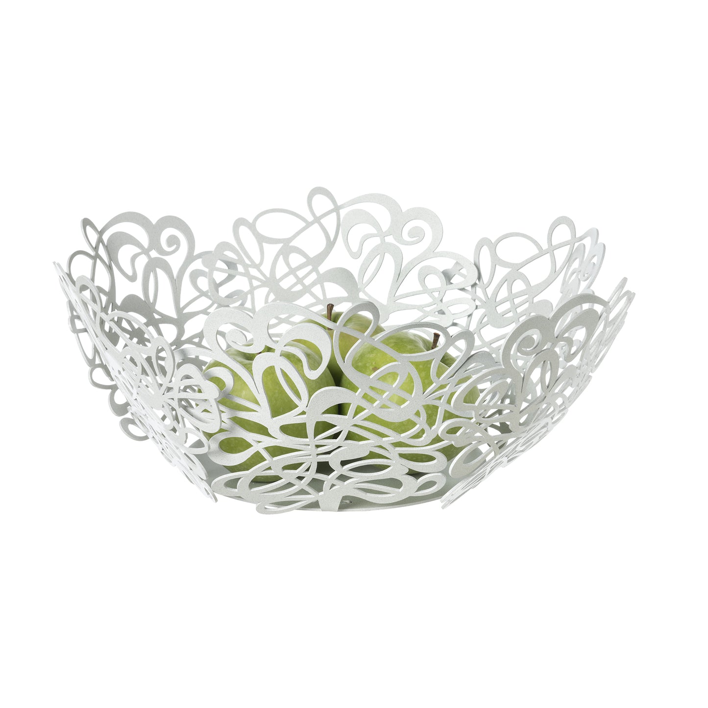 Fruttiera Scarabocchio Grande di Art&Mestieri in ferro color bianco marmo con frutta, vista tre quarti