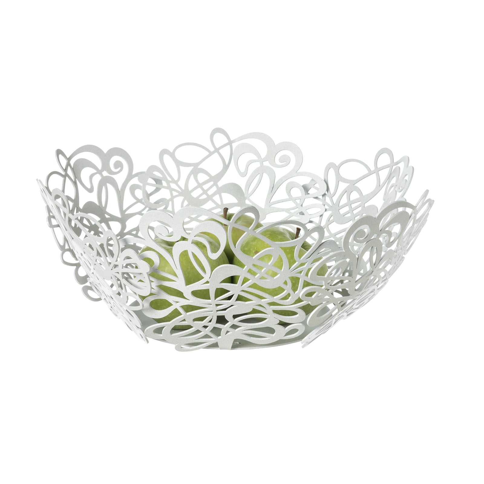 Fruttiera Scarabocchio Grande di Art&Mestieri in ferro color bianco marmo con frutta, vista tre quarti