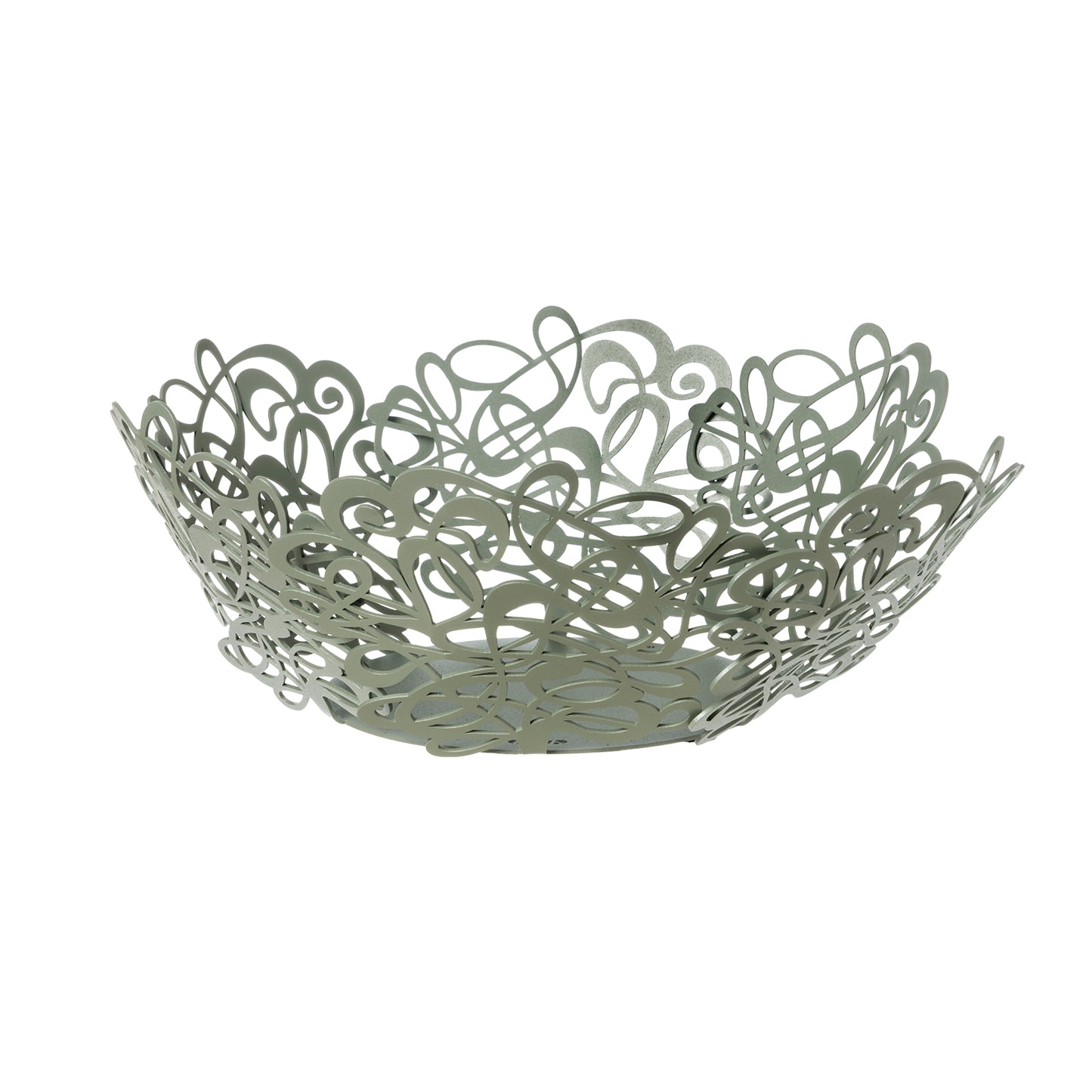 Fruttiera Scarabocchio Grande di Art&Mestieri in ferro color giada con frutta, vista tre quarti